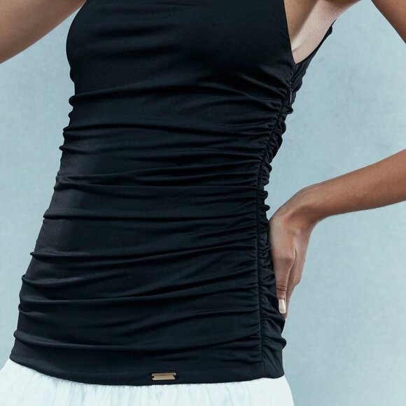 Black and White Casual Women's Color Block Bubble Ruched Long Hem Cami Dress - Picture 5 of 6